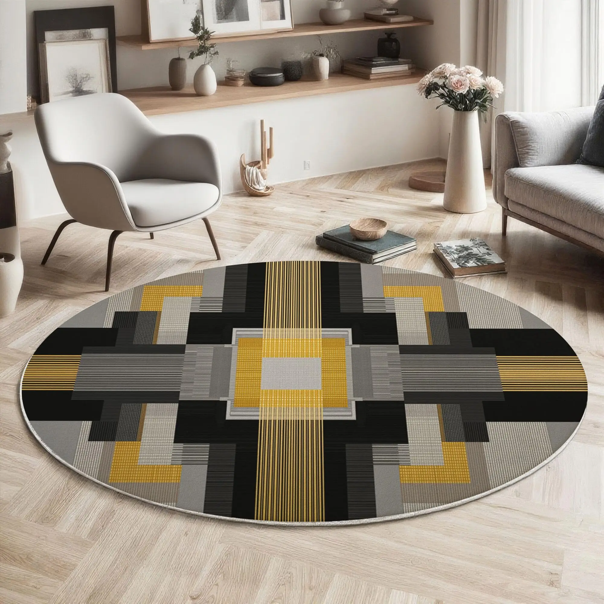 Round Plaid Geometric Rug Mid Century Yellow Black Grey Block  Print Home for Minimalist Living  Interior Decorative Makeover