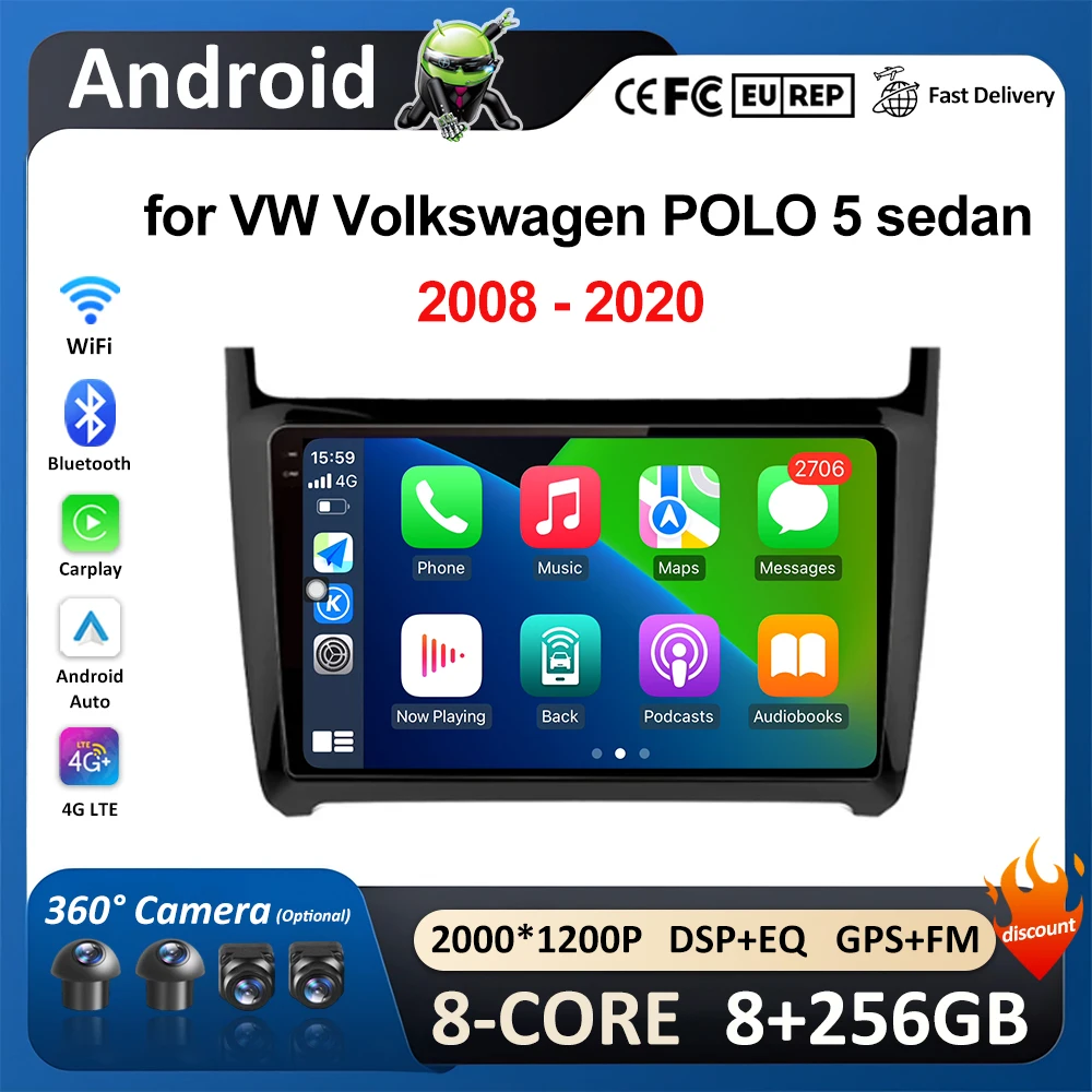 Car Multimedia Radio Video Player for VW Volkswagen POLO 5 sedan 2008 - 2020 Wireless Carplay WiFi Bluetooth QLED IPS Screen 4G