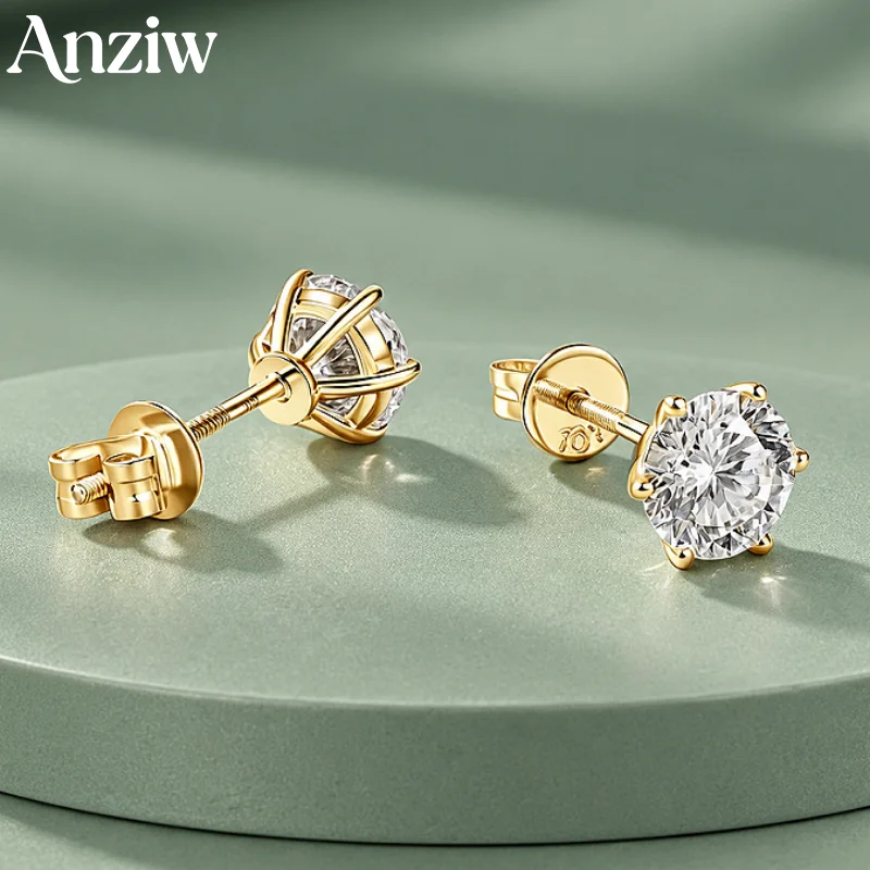 Anziw Classis 10K Solid Gold Earring Round 1CT 6.5mm Moissanite Stud Earrings for Women GRA Certified Wedding Gold Jewelry Gift