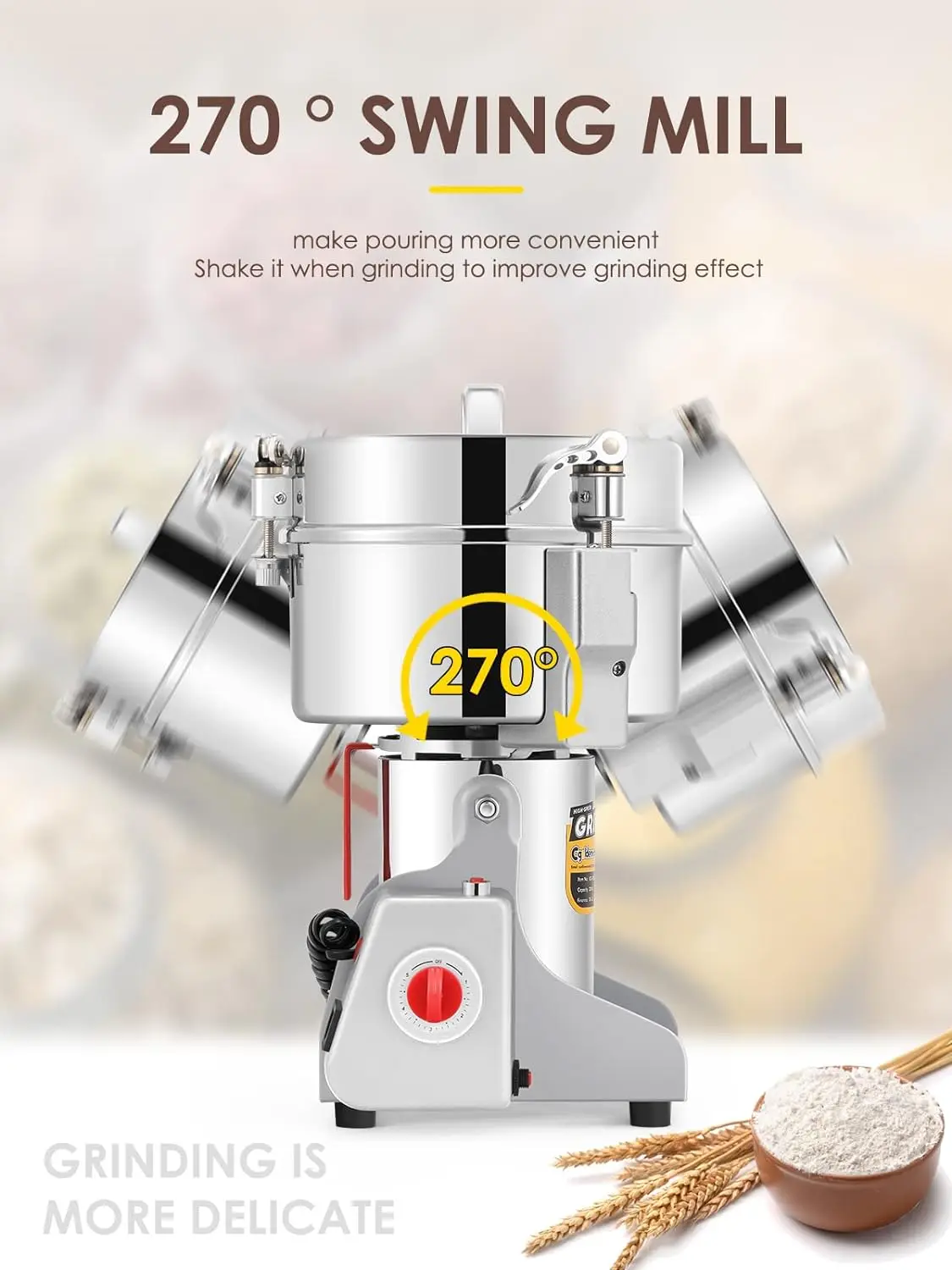 2500g Electric Grain Grinder Mill Safety Upgraded 3600W High-speed Spice Herb Grinder Commercial Superfine Machine Dry Cereals