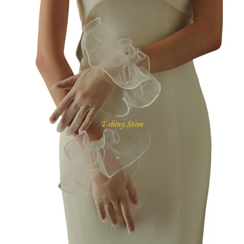 N58F Elegant Full Finger Gloves Pearls Unique Outfits Short Gloves for Flapper Bride Wedding Dancing Accessories