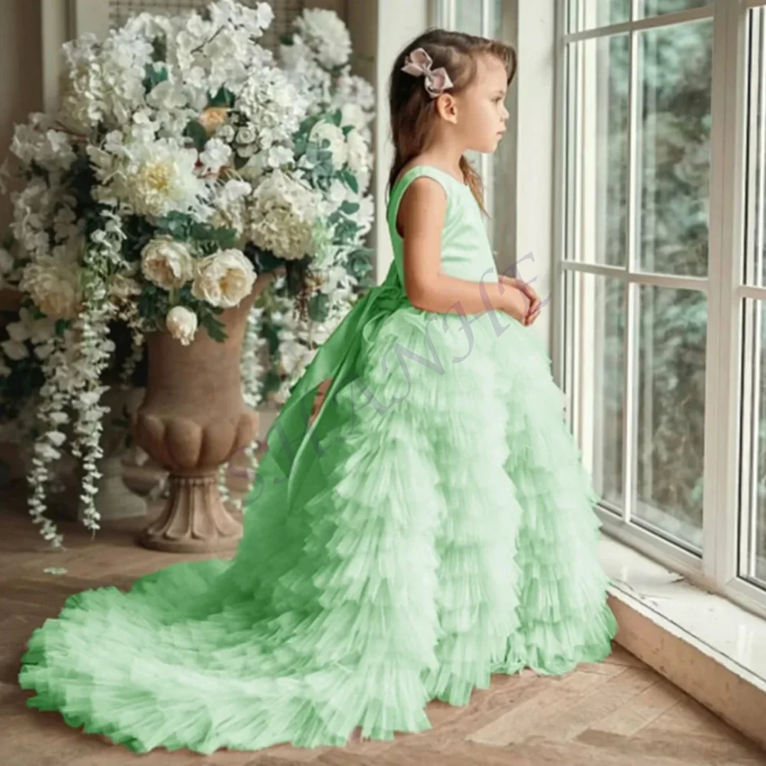 

Customized Elegant Sleeveless Pleat Long Ball Flower Girl Dress Bow Floor Length Luxury First Communion Gown Customized N