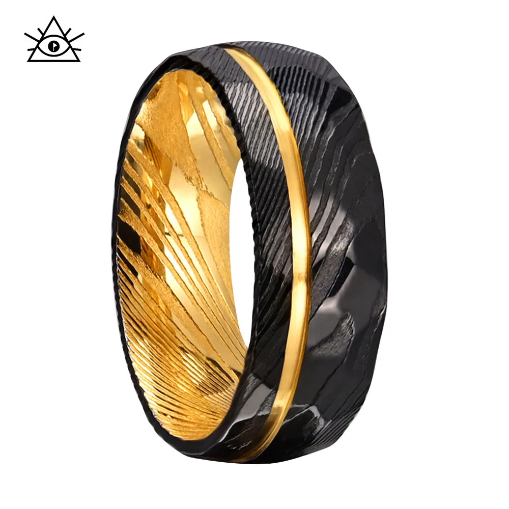 Designer European And American Retro Wood Grain Damascus Steel Curved Ring Two-color Men's Rings