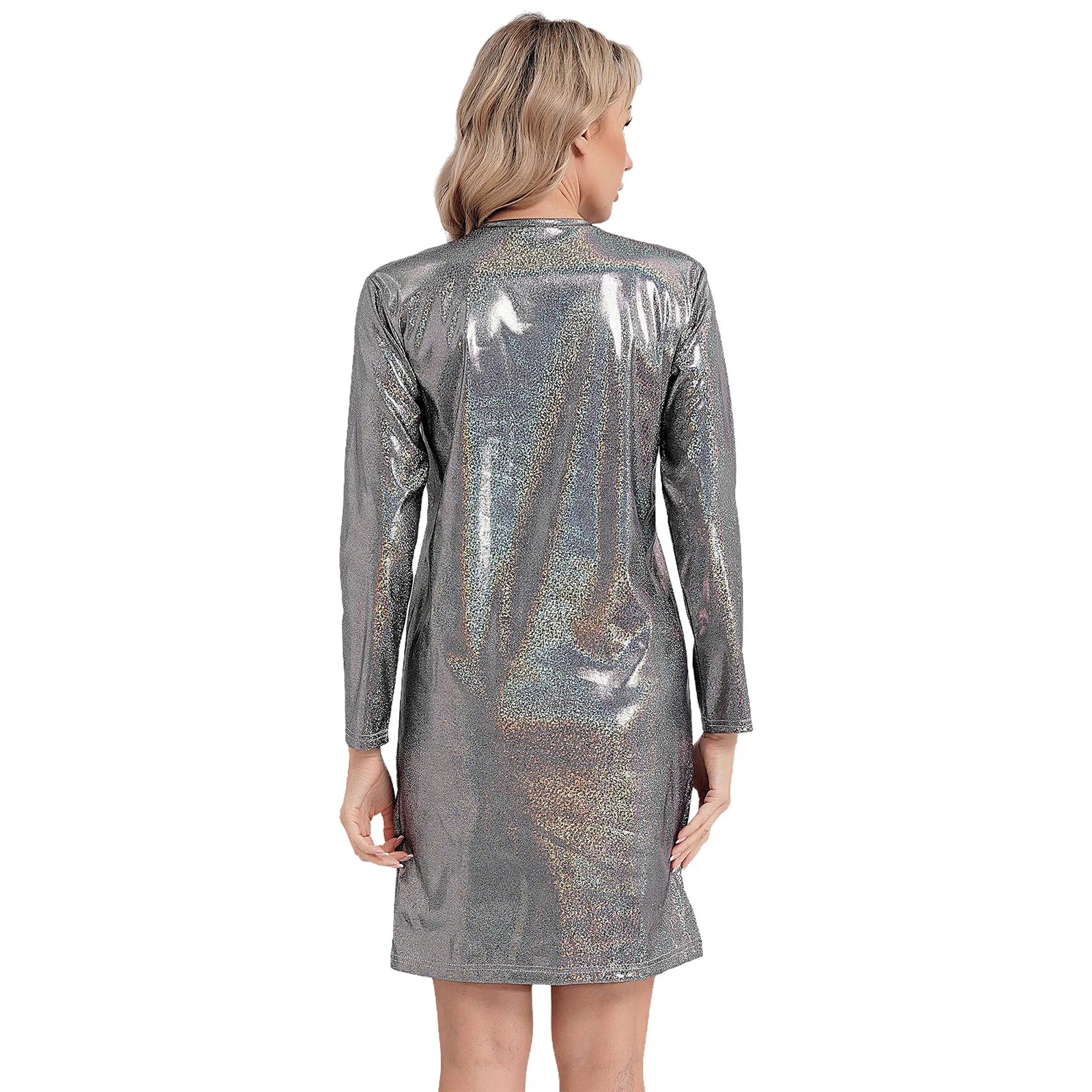 Women Shiny Round Neck Long T-shirt Dress Rave Party Long Sleeves Loose Shirts for Nightclub Music Festival Dance Performance