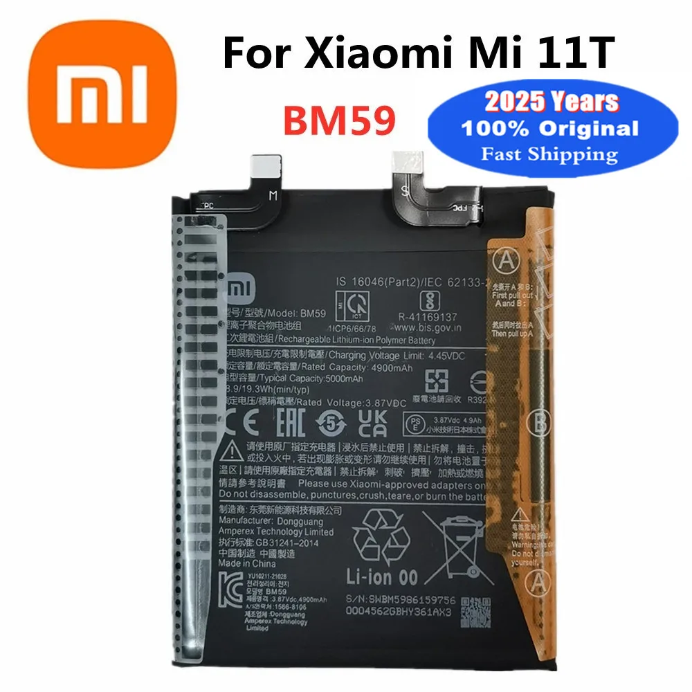 

2025 Years BM59 Xiao mi 100% Original Battery For Xiaomi Mi 11T Mobile Phone Replacement Battery Batteria 5000mAh Fast Shipping