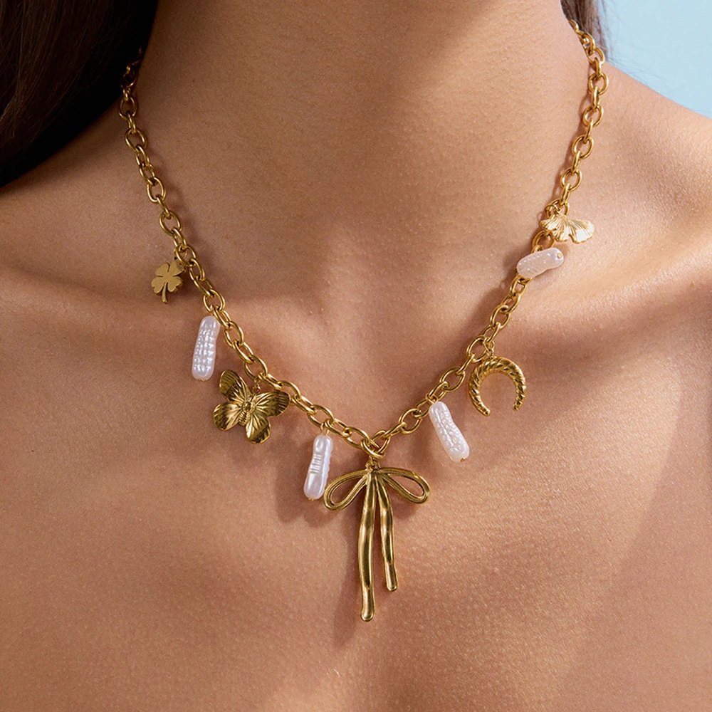 

AIKOER Fashion Bow Pearl Pendant Necklace 18K Gold Color Plated Stainless Steel Clover Pendant Necklace Women's Accessories Part