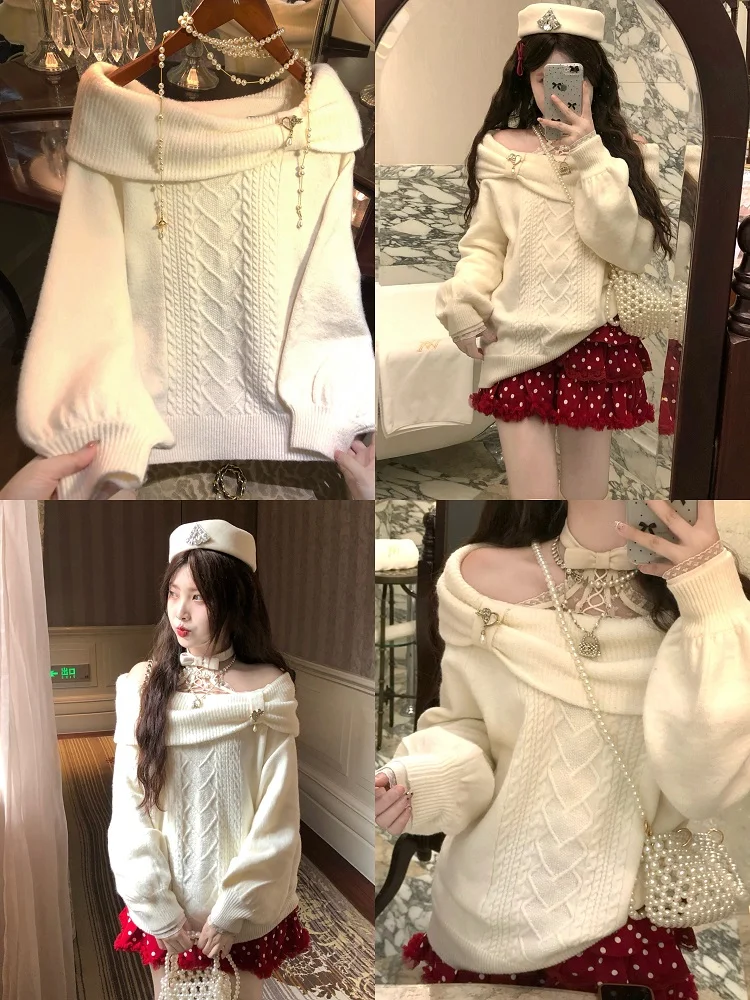 

ALITTLE My Winter Snow Pure Desire Na Knot One oulder Sweater Autumn Sweet Sle Regular Length...