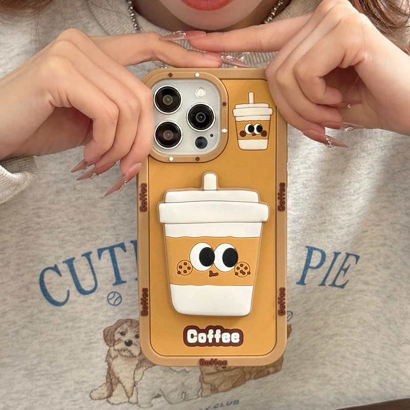 Funny 3D Coffee Cup Folding Holder Stand Case For iPhone 16 Pro Max 17 15 14 13 12 11 Soft Silicone Bracket Back Cover