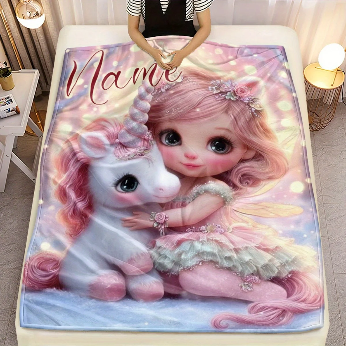 Personalized Unicorn Girl Blanket Name Custom Design Soft Fleece Throw Kids Gift Fantasy Art Home Decor
