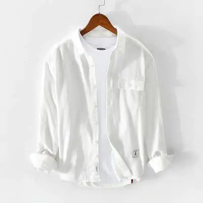 Men's Long Sleeve Cotton Shirt Thin Casual Spring Autumn Outerwear Fashionable Design Pure Color Loose Fit Urban Style