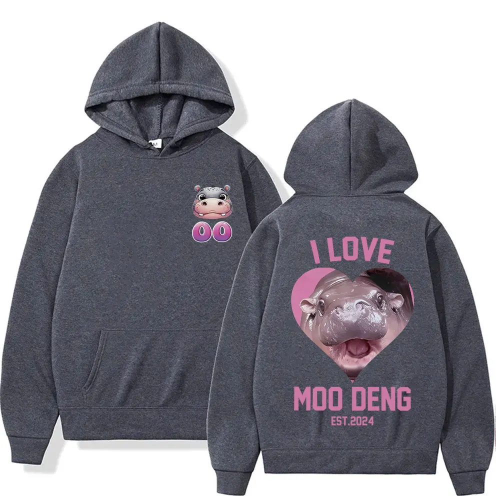 I Love Moo Deng Est 2024 Print Hoodie Baby Hippo Funny Meme Men's Women's Fleece Cotton Hoodies Men Casual Oversized Sweatshirt