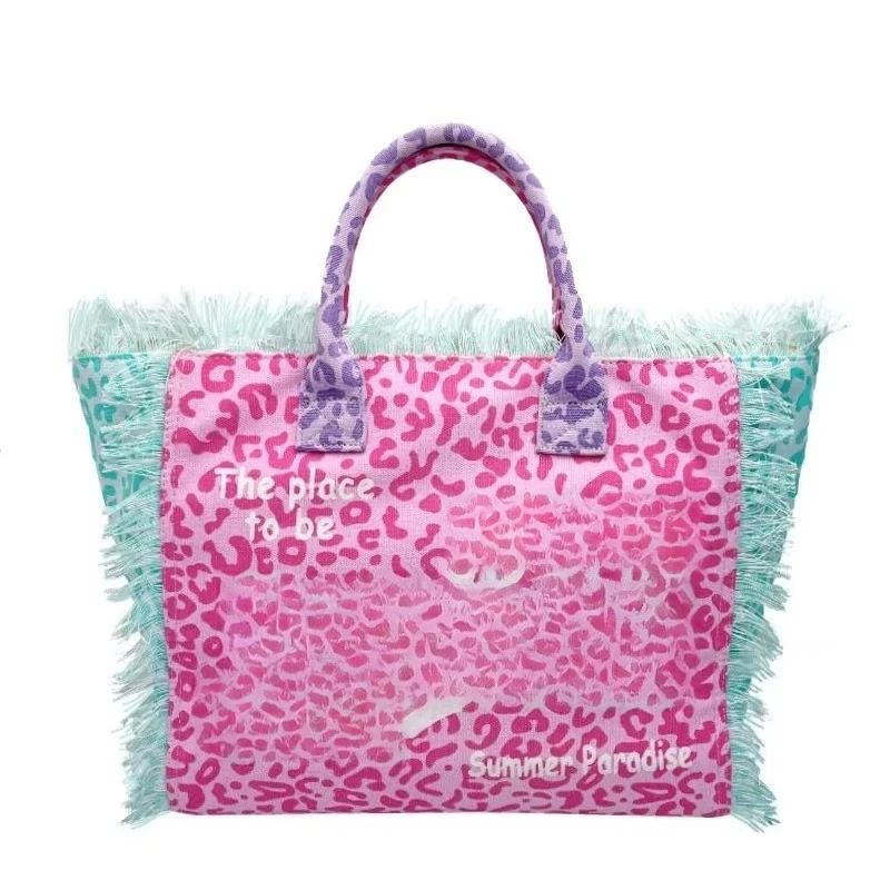 

Summer new women's large-capacity travel canvas straw fringed beach handbag