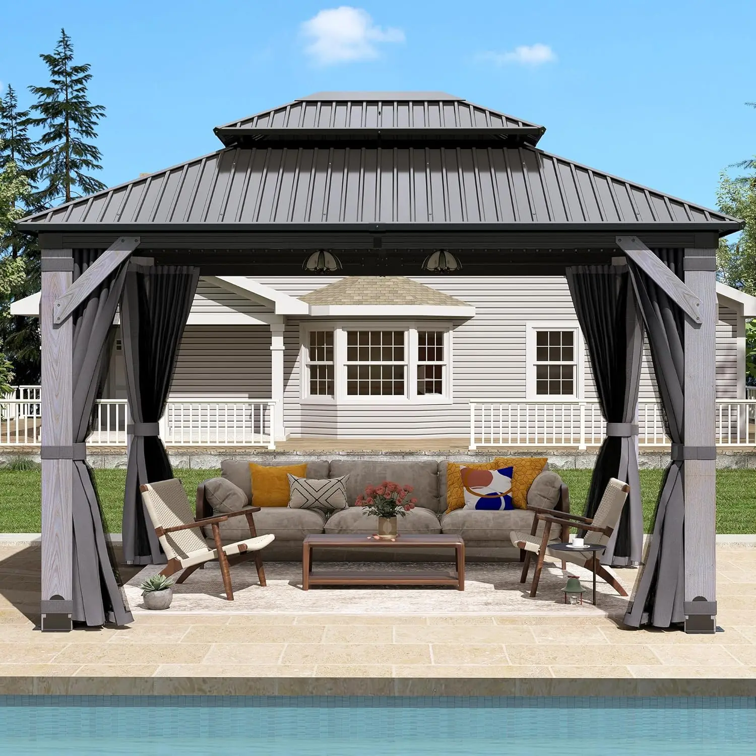 

10x12FT Wood Gazebo Outdoor Galvanized Steel Double Roof Cedar Frame Netting & Curtain Patio Backyard Deck, Custom