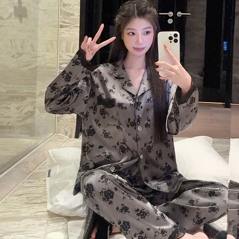 

Женский комплект для сна из ледяного шелка с кружевом и длинными рукавами, хит продаж, домашний костюм, весенний комплект для сна с цветочным принтом, длинными рукавами и длинными брюками