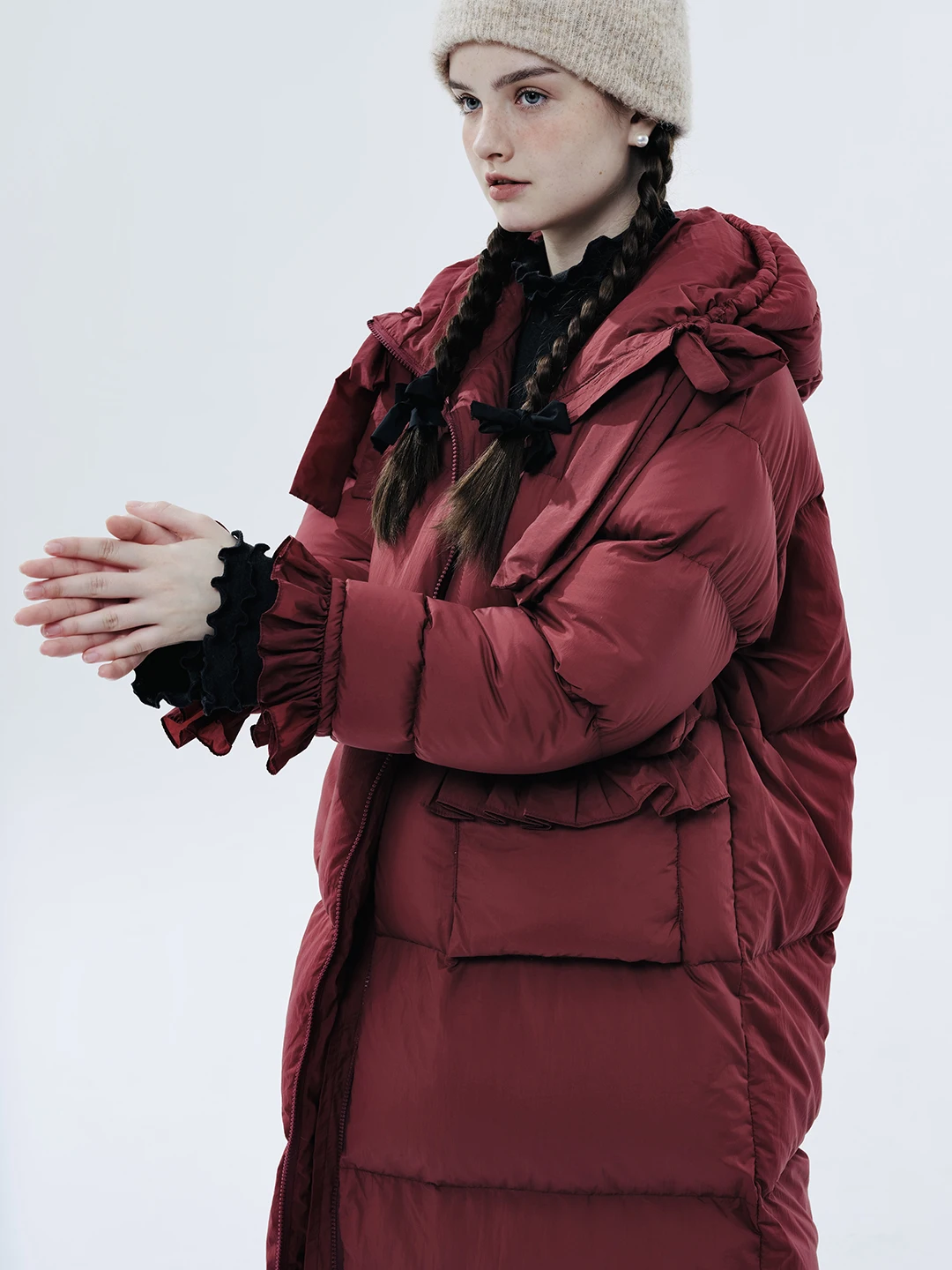 IMAKOKONI original design winter thickened warm burgundy mid-length down jacket women\'s 234382