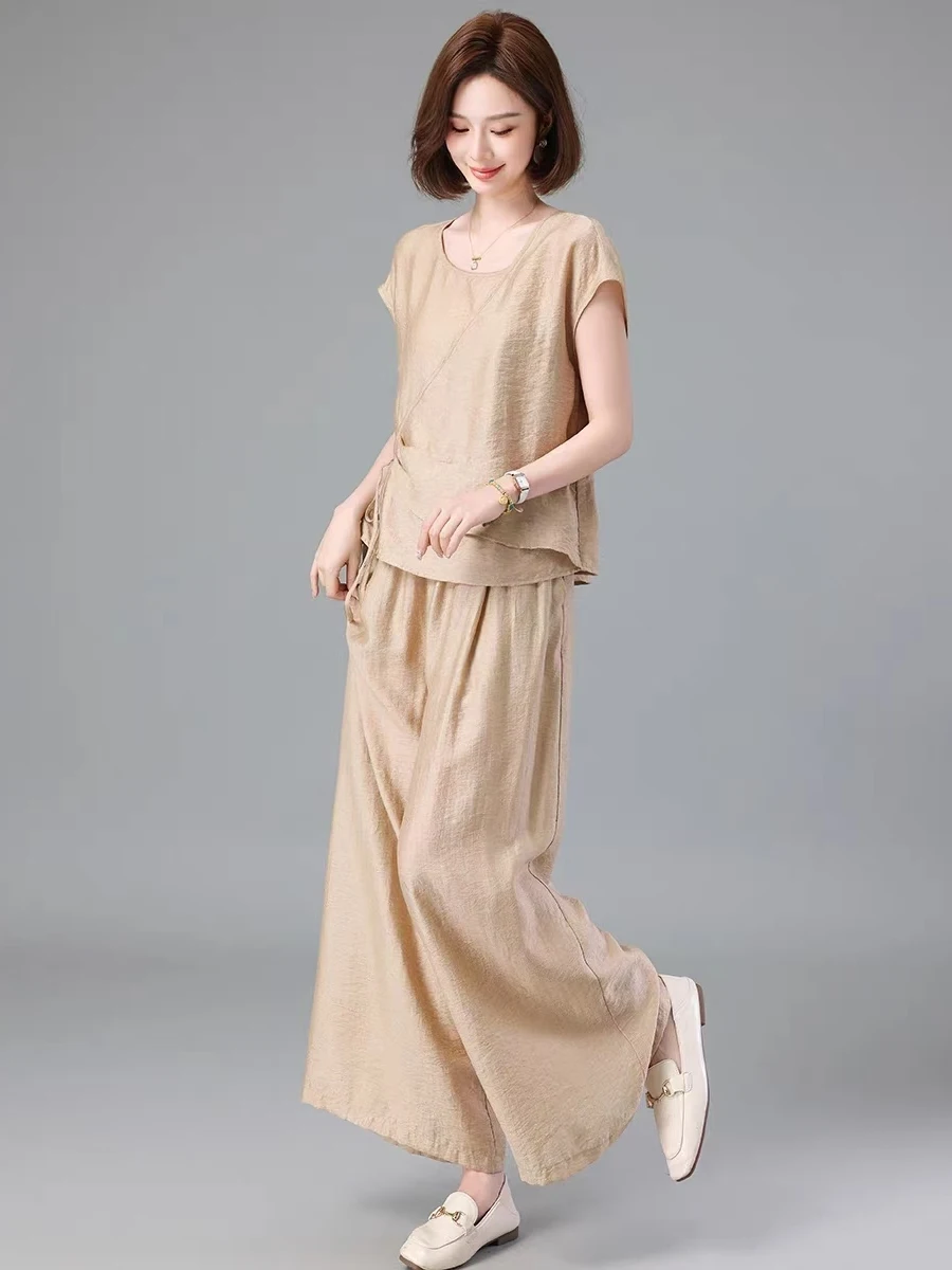 Faionable Summer 2025 Agel Loose Commute Simple Set Ele Senior Women's Cotton Long Pants ort Sve Two-Piece Suit - Image 4