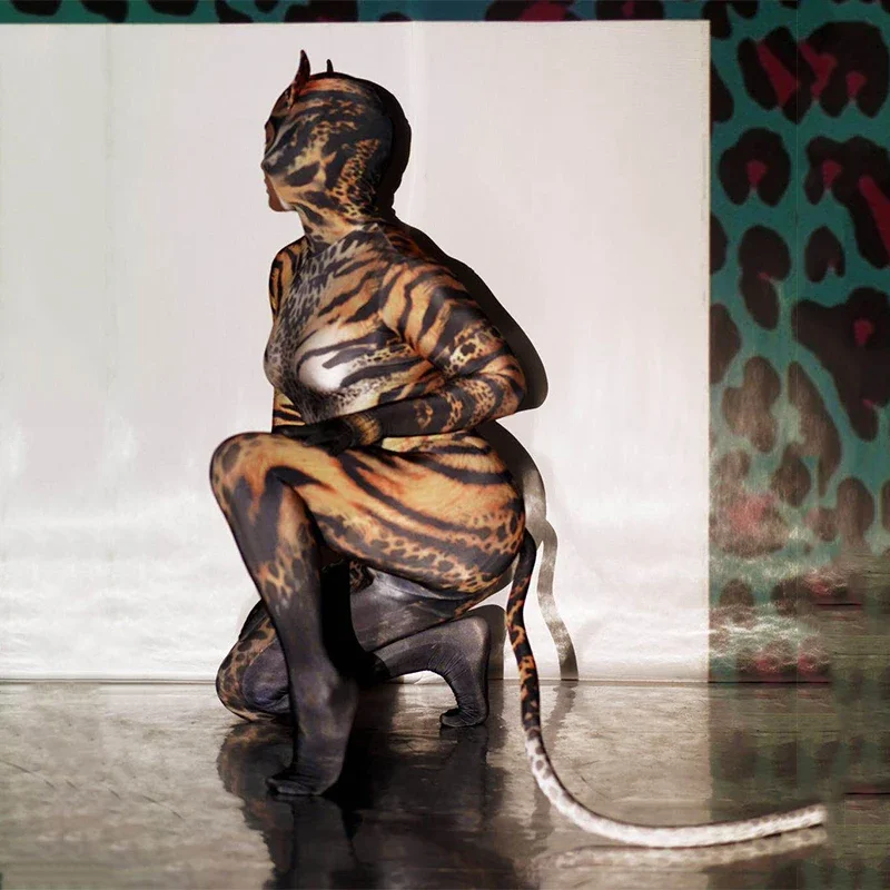 고양이 프린트 스키니 점프수트, 섹시한 젠타이 여성 파티 의상, 파티 쇼 공연 무대 의상, 할로윈 코스프레 코스튬