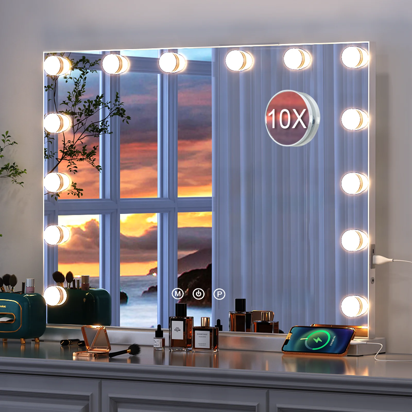 Hollywood Tischspiegel Schminkspiegel Beleuchtung Drei Farben Dimmbar mit 14 LED