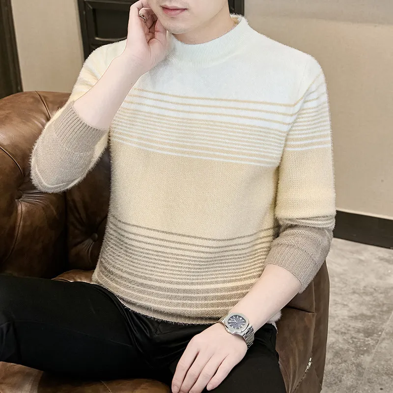 

Faionable Knitted Sweater f High Collar Fake Mink Stripe Men's Autumn Winter Warm Casual Youth Versatile Top Quali