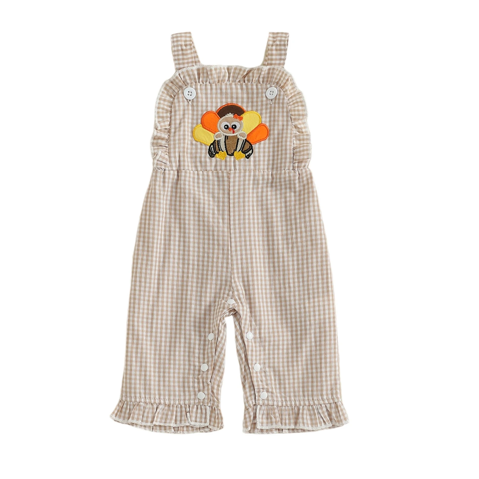 

Baby Girl Thanksgiving Romper Overalls Turkey Embroidery Plaid Print Sleeveless Ruffled Jumpsuit