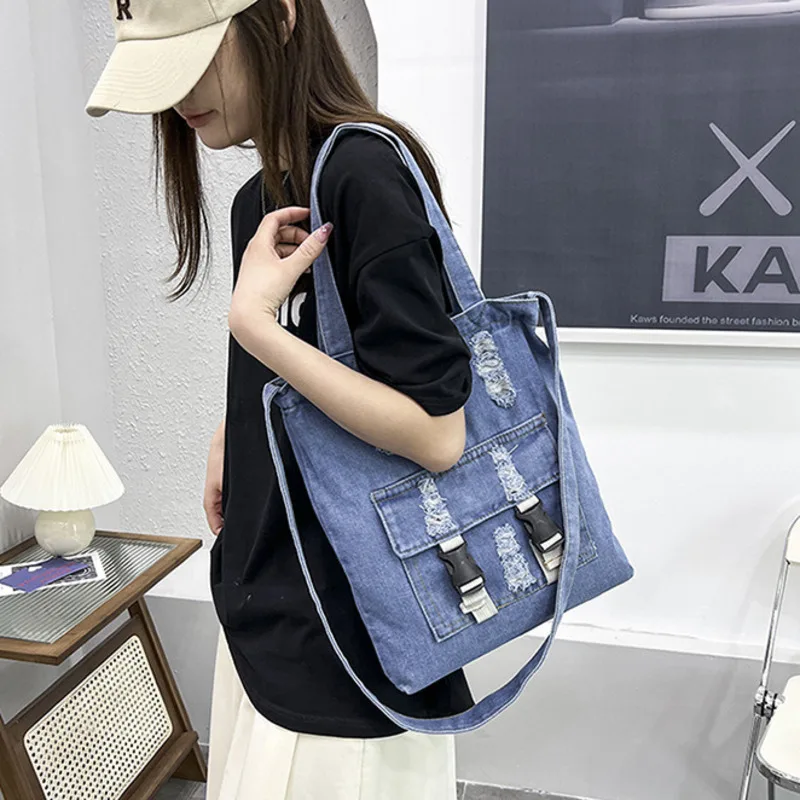 Fashionable and Trendy Denim Women's Shoulder Bag with Holes for Women Large Capacity Crossbody Bag Simple Commuting Multicolour