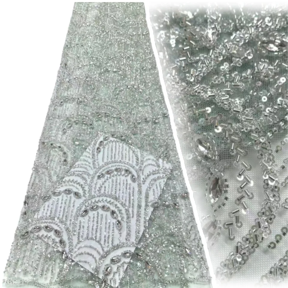 

African Beaded Lace Fabric 2026 High-Quality Nigerian Tulle Mesh Sequined Lace Fabric Suitable for Sewing Women's Garments 1908