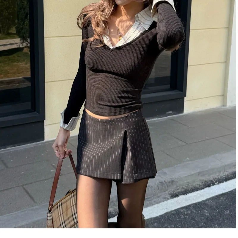 Low Waist Suit Style Striped  Skirt Women's 2026 Collection Double Layered Slim Fit Butt Hugging Split Design Casual Skirt