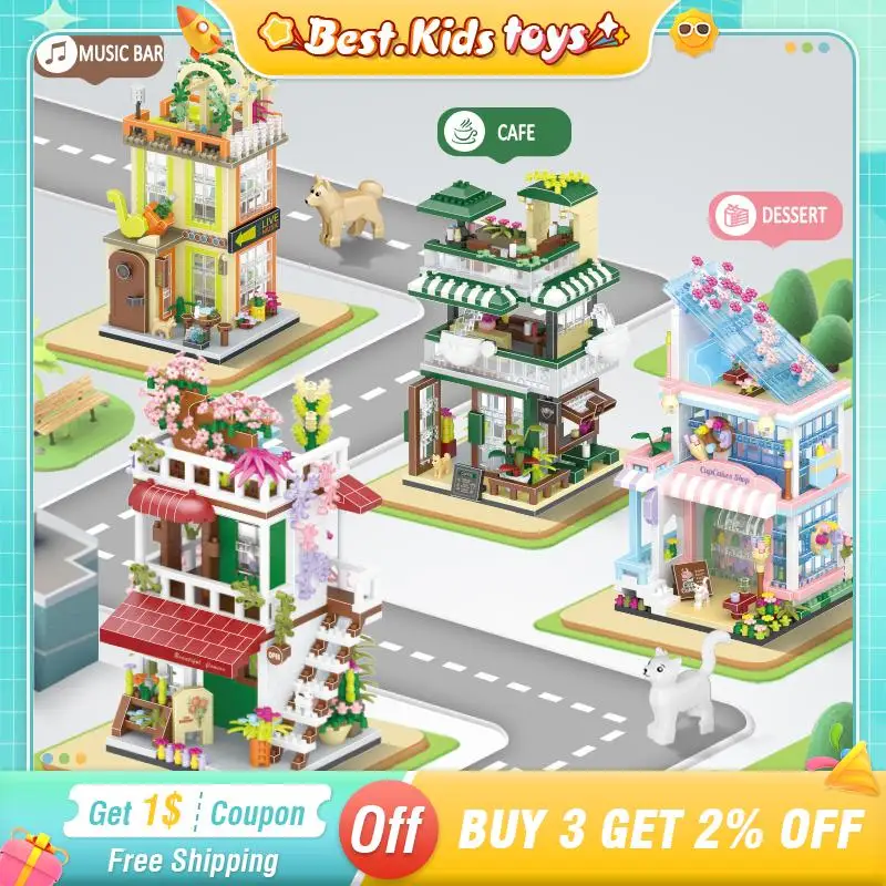 

City Street View Dessert Shop Coffee Sakura Flowers Shop Mini Building Blocks Kids Toy Assembly Bricks Birthday Gift For Girls