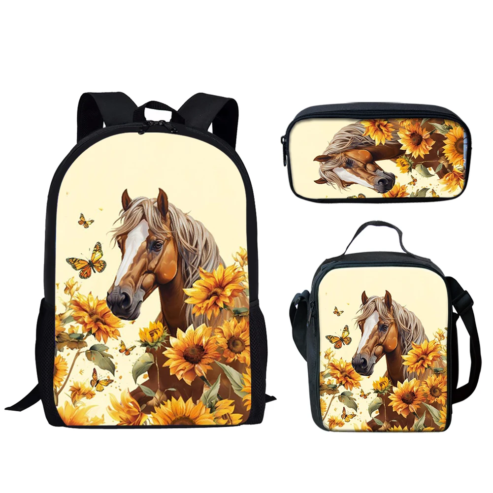 

Belidome Casual Schoolbag Sunflower Horse Print 3Set Travel Backpack for Teen Boys Girls Fashion School Bags Mochila Infantil