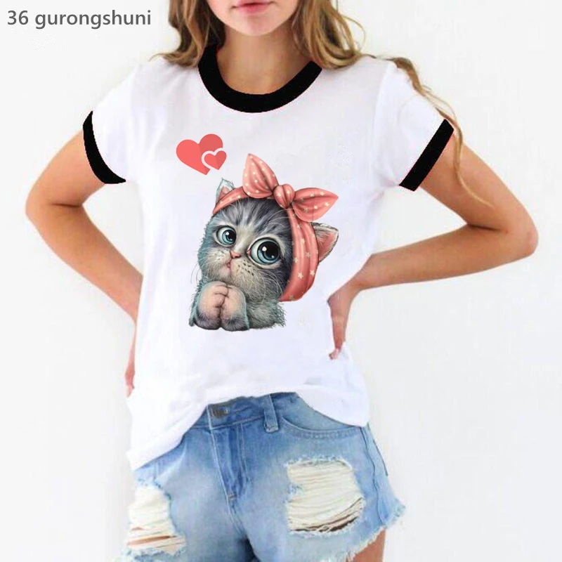 Funny T Shirt Girls Kawaii Cat Loves Camera Animal Print Tshirt Women'S Clothing Harajuku Kawaii Clothes Short Sleeve T-Shirt