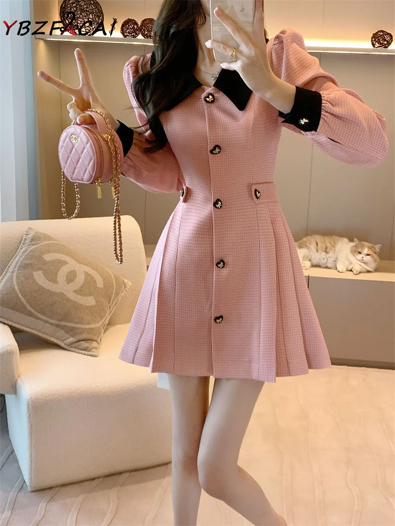 Pink Tweed Dress Women Elegant Luxury 2023 Spring Fall Long Sleeve Lapel Love Button Slim A Line Dress Korean Blazer Short Dress