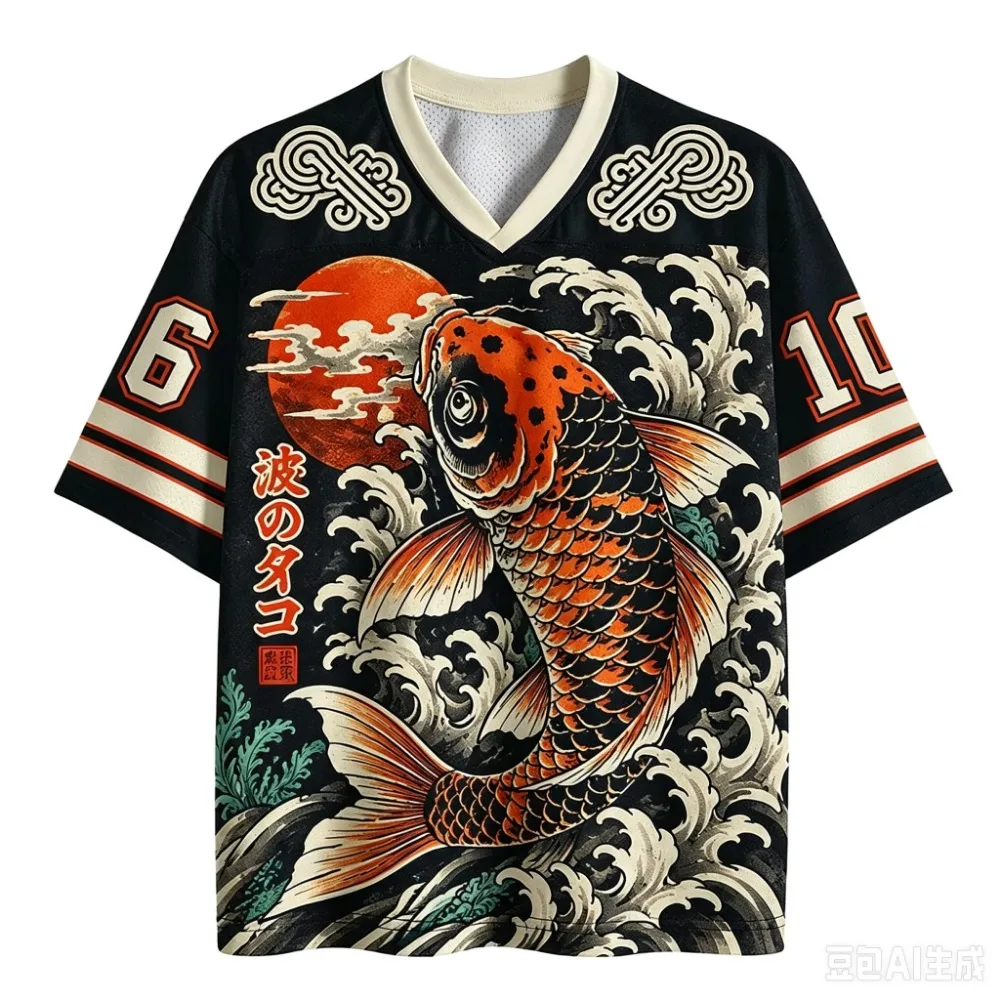 Japanese Koi Fish Waves Sport Quickdry Breathable 3D Printed Men V-Neck T-Shirt Street Fashion Hip-Hop Y2K Parent-child Clothing