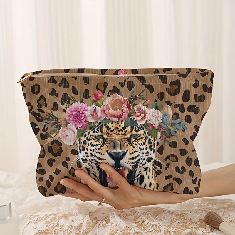Storage Bag Leopard Pattern Printed Corduroy Zippered Storage Bag Lightweight Makeup Multi-functional Toiletry Bag with Lining