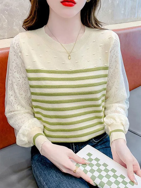 

Spring 2026 Fashion Korean Style Women's Knitted Long Sleeve Lace Splicing Outerwear Casual Loose Fit Polyester Fiber Sweater