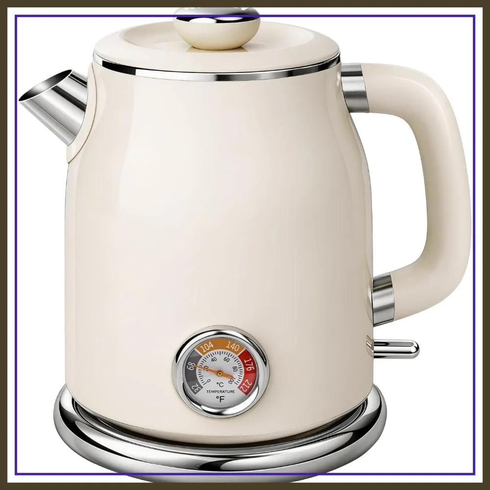 

1.7L Electric Kettle, Stainless Steel Interior, Double Wall Cool Touch, 1500W Fast Boil, Thermometer, Removable Lid, 120V, Cream