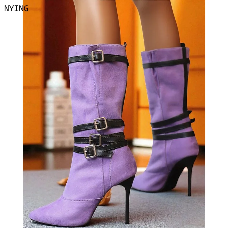 

2026 Women Suede Buckled Belt Mid Calf Boots Women's Pointed Toe High Heels Boot Luxury Designer New in Party Shoes 44