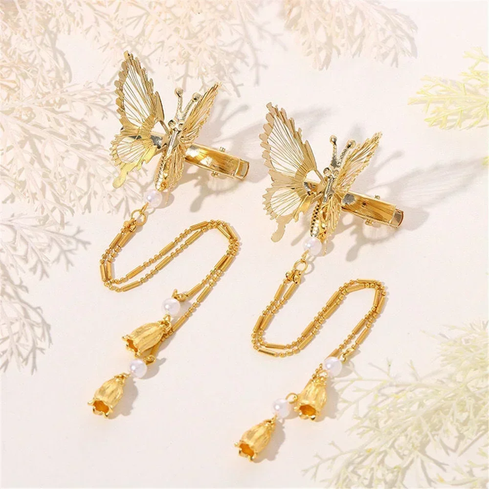 2pcs Moving Butterfly Hairpin Elegant Trembling Butterfly Side Clip Tassel Women Vintage Hairpin Headdress Accessory Gold Silver