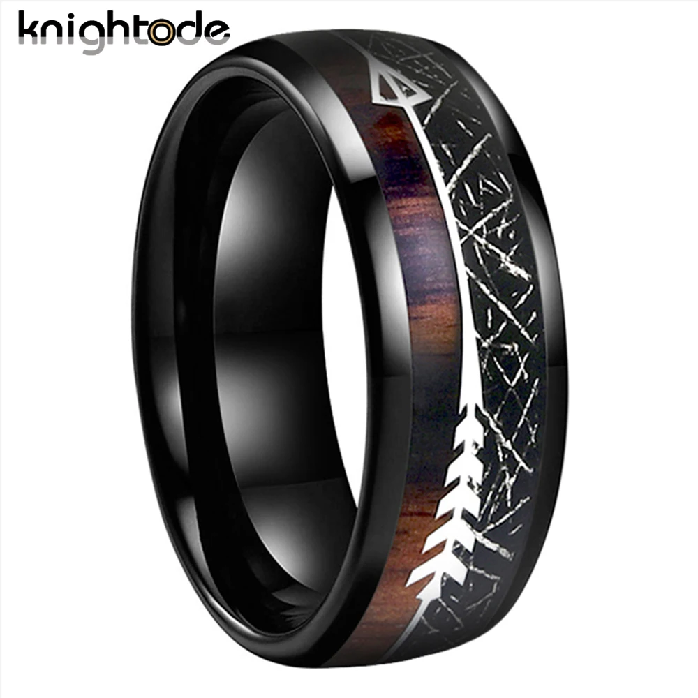 

Black Meteorite/Koa Wood Unique Texture Inlay Tungsten Carbide Ring For 8mm Men Women Wedding Slivery Arrow Dome Polished