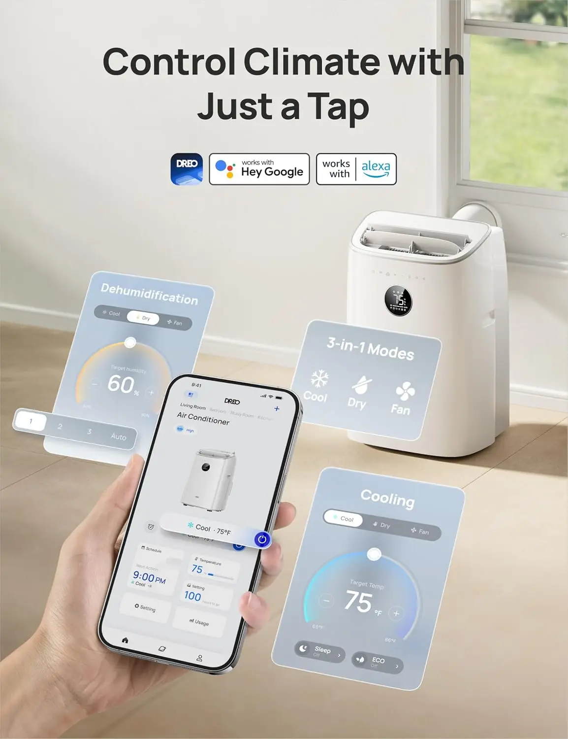 Портативные кондиционеры Dreo, кондиционер для спальни емкостью 10 000 БТЕ с дренажным охлаждением, тихий 45 дБ, приложение/голос/дистанционное управление,