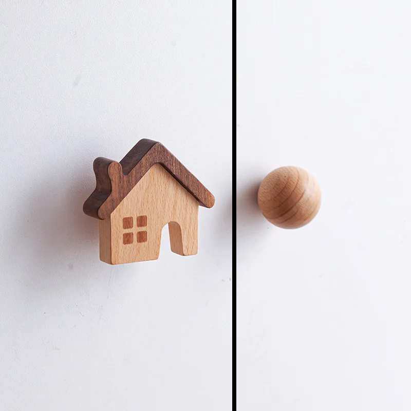 Wood Cartoon House Solid Wood Handles Natural Wood Color Kids Wardrobe Door Pulls Creative Round Drawer & Cabinet Knobs