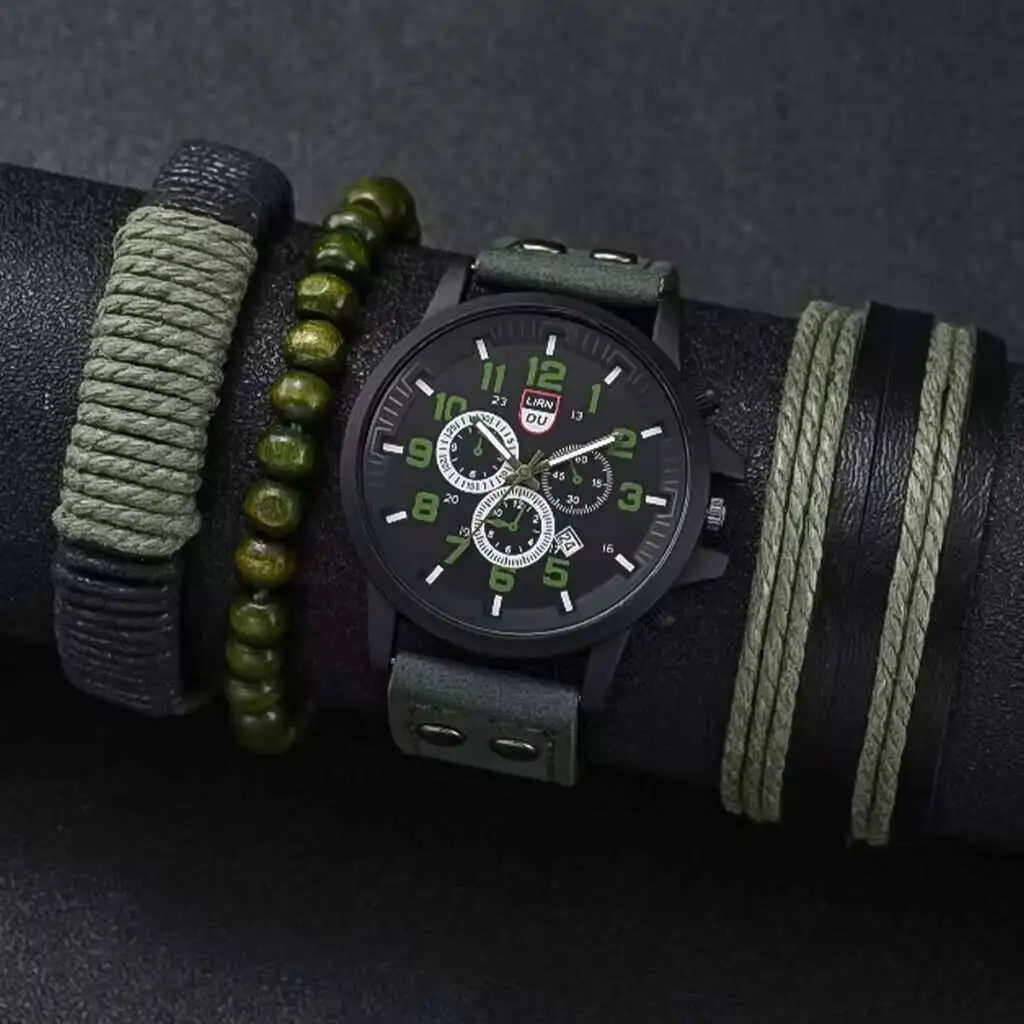 4PCS/Set  Men Sports Calendar Watches Casual Leather Strap Male's Quartz Watch Bracelets Set Reloj Hombre（Without Box）