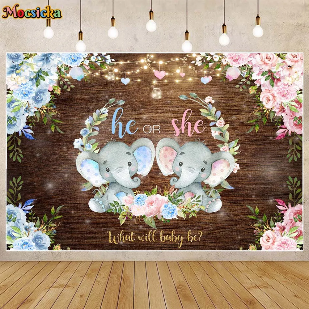 

Mocsicka Elephant Gender Reveal Backdrop He or She Newborn Welcome Party Decor Wooden Baby Shower Background Banner Photo Studio