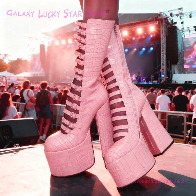 Donkerblauwe steen geruite platformlaarzen meisjes feestriemgesp kleurrijke dikke hakken roze rode hoge hakken schattige dames schoenen met ronde neus