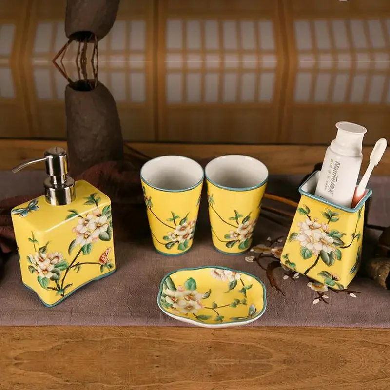 Yellow Beatiful Hand Paint Collectible Home Decoration Porcelain Tooth Mug Soap Dish Dispenser Bathroom Set