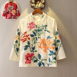 Chinese Style Tang Suit Jacket Spring and Summer National Style Embroidered Peony Short Cheongsam Style Blouse Female