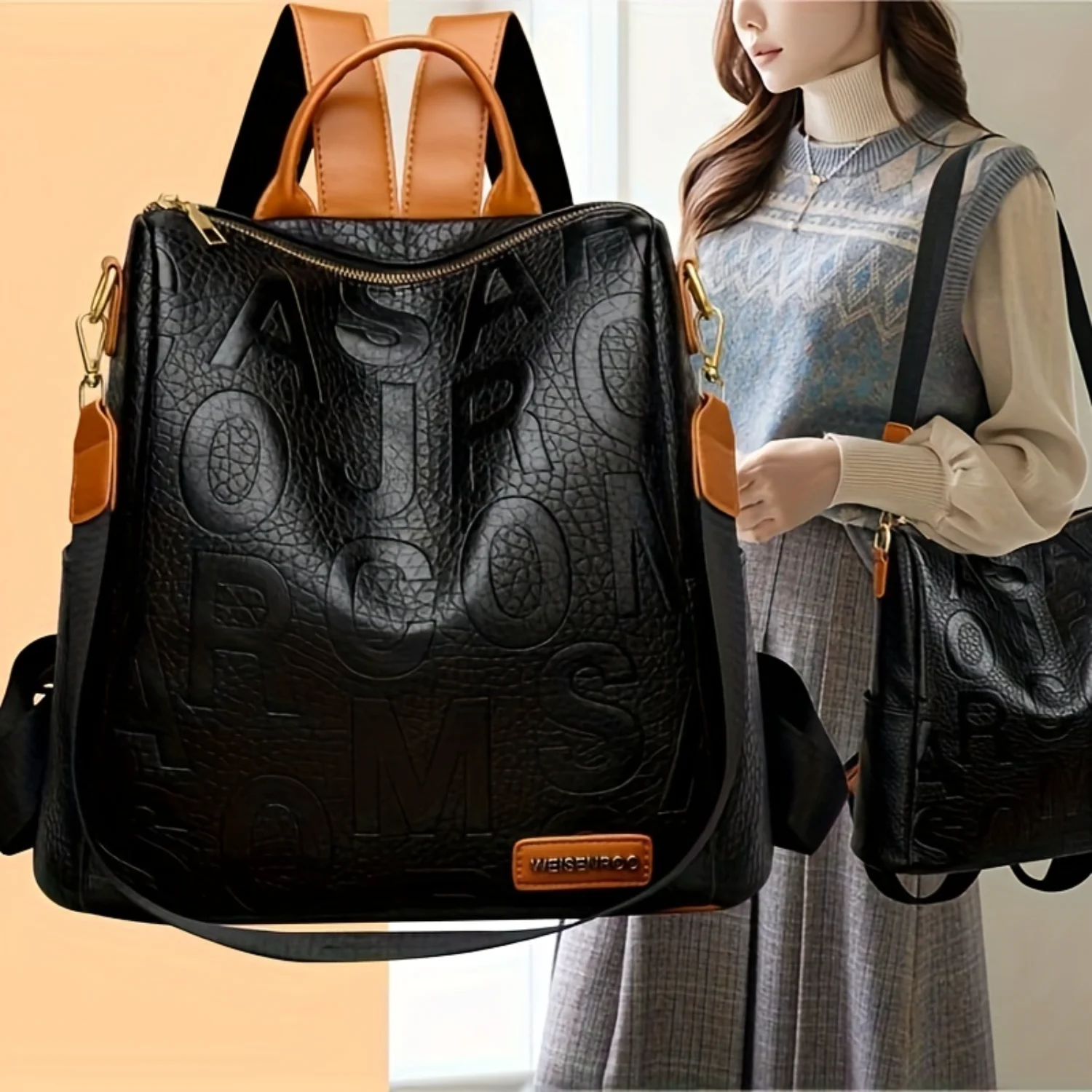 

Stylish Embossed Letter Backpack - Durable PU Leather, Large Capacity, Convertible for Work, Travel & School - Versatile Style O