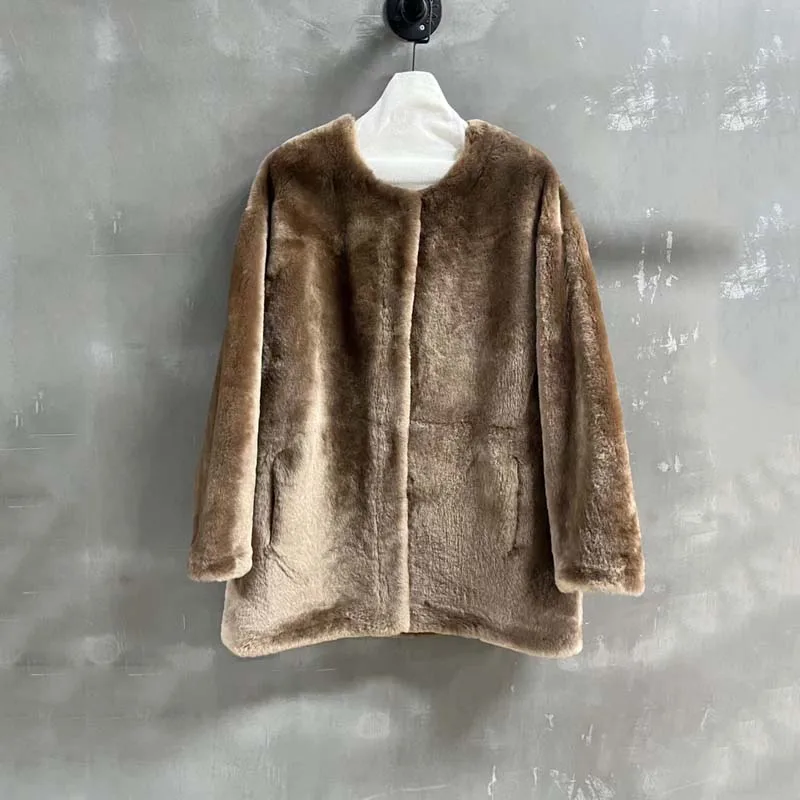 long length women coat winter 2025 new fashion o-neck collar clothes Merino wool natural real sheep fur
