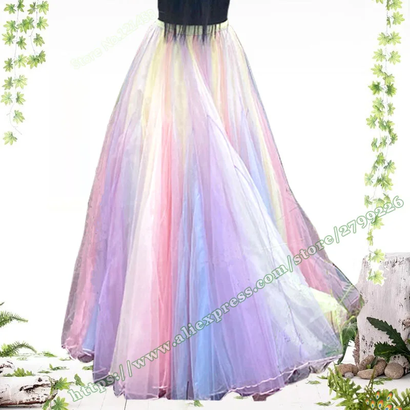 2024 Summer Rainbow Neon Stitching Chic and Elegant Woman a line Fairycore Skirt Fluffy Long skirts for women Fashion 2024