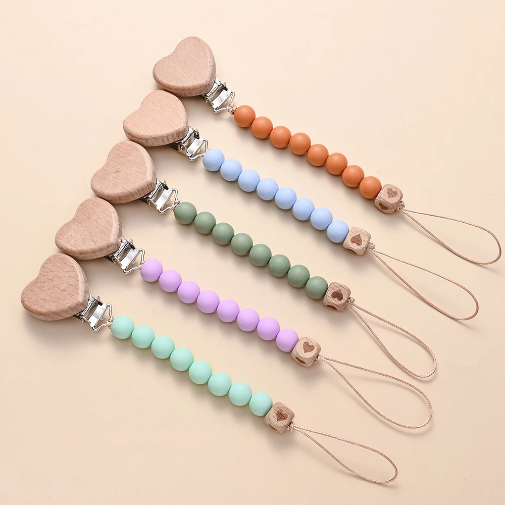 Pendant for Newborn Toys Gift New Beech Wooden Heart Beads Baby Pacifier Chain Clip  Silicone Beads Dummy Nipple Holder Teether