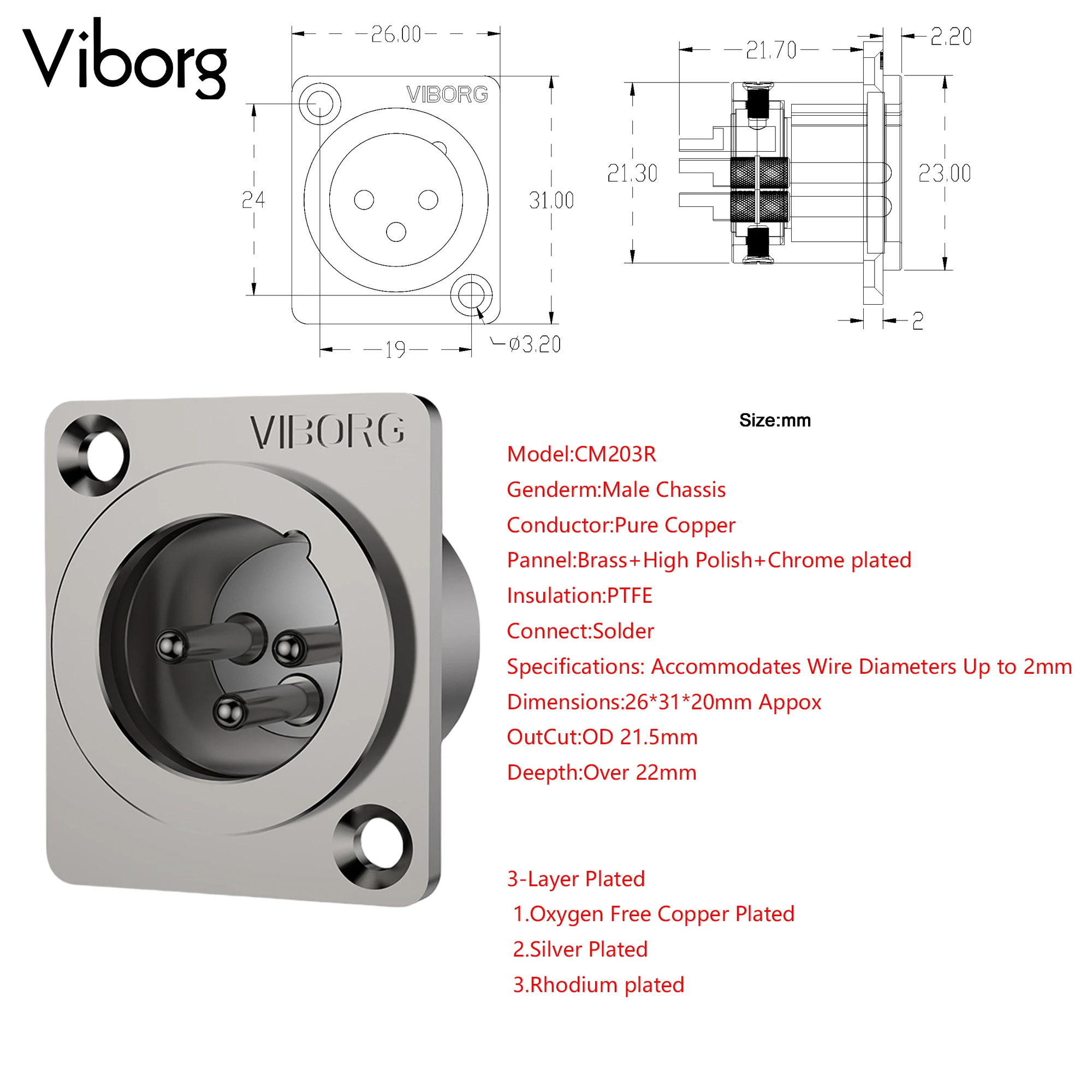 1pc Viborg CM203G CF203G CF203R Reinem Kupfer Gold XLR 3pin Männlich Weiblich Panel Mount Buchse XLR Ausgewogene Stecker kopfhörer AMP DIY – Detail 4